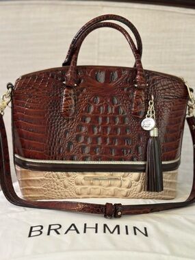 Brahmin Brown and Cream Croc-Embossed Leather Satchel with Matching Wallet